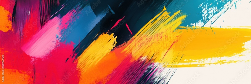 Poster bold strokes of pink, yellow, and blue combine with geometric shapes to form an energetic and lively