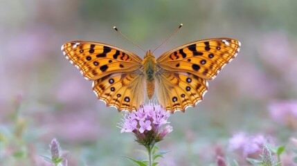 Obraz premium Elegant Monarch Butterfly Perched on Delicate Pink Flower Against a Soft Blurred Background, Showcasing Nature's Beauty and Intricacy in a Tranquil Outdoor Setting