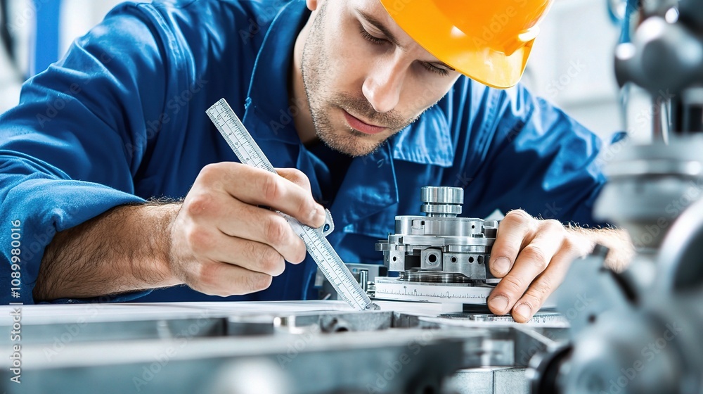 Poster skilled worker using measuring tools in industrial setting, focused on precision engineering and qua