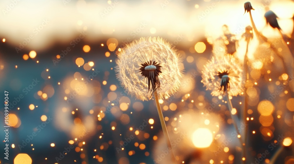 Aufkleber soft dandelion seeds gently float in the air, illuminated by the warm glow of the setting sun, creat