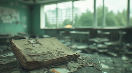Obraz premium An abandoned classroom shows accumulated debris and a forgotten book among dilapidated furniture and scattered remnants