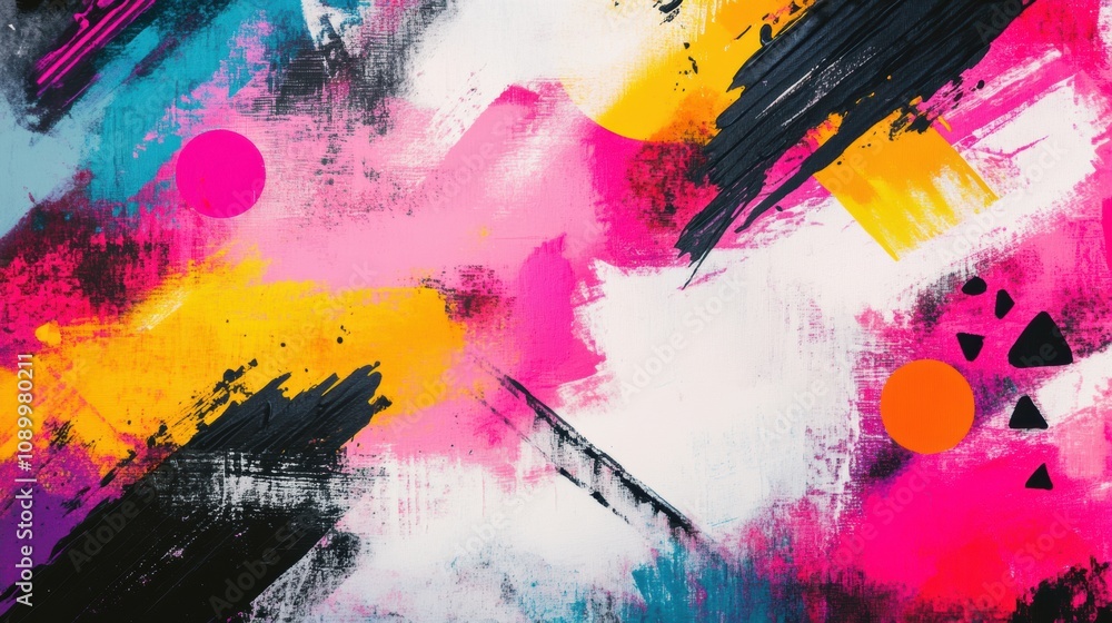 Aufkleber Bold paint strokes in vibrant colors blend with geometric shapes, showcasing an abstract composition that energizes any space. Generative AI