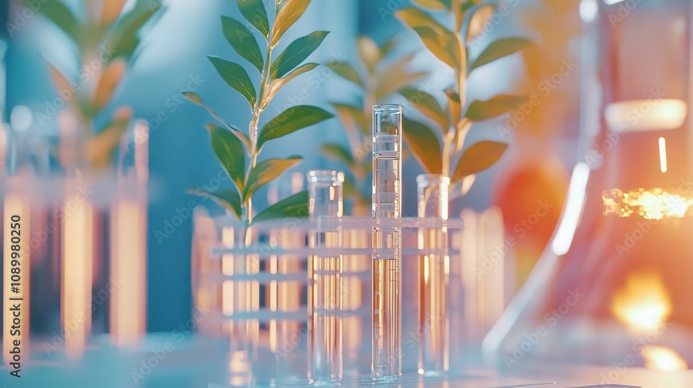 Poster green plants in test tubes in a laboratory setting with colorful background and soft focus, scientif