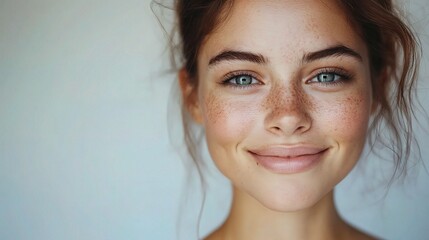 Naklejka premium Natural Portrait of a Young Woman with Freckles and Bright Blue Eyes Smiling Gently Against a Soft Background, Showcasing an Inviting Personality and Youthful Charm