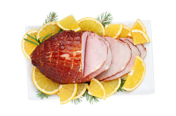 Fototapeta premium Tasty baked ham, rosemary and oranges isolated on white, top view