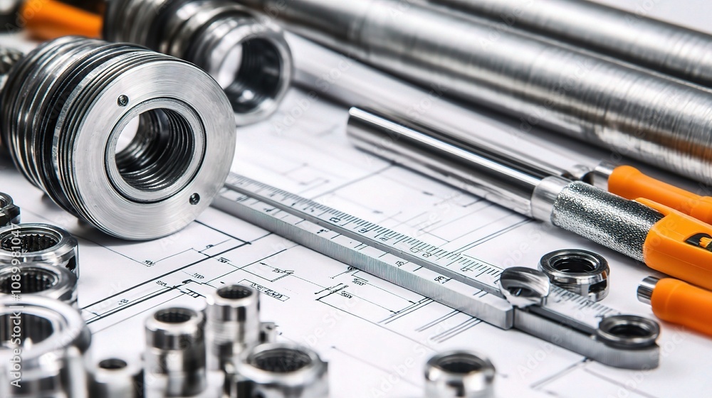 Poster detailed close-up of assorted mechanical components, engineering tools, and precision instruments ar