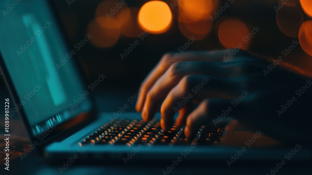 Poster a person types swiftly on a laptop in dim lighting, creating an ambiance of secrecy and focus during