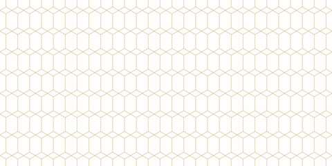 Golden abstract geometric seamless pattern in minimalist style. Luxury vector background. Simple minimal ornament. Subtle white and gold texture with hexagon grid, diamonds, lattice, repeated tiles