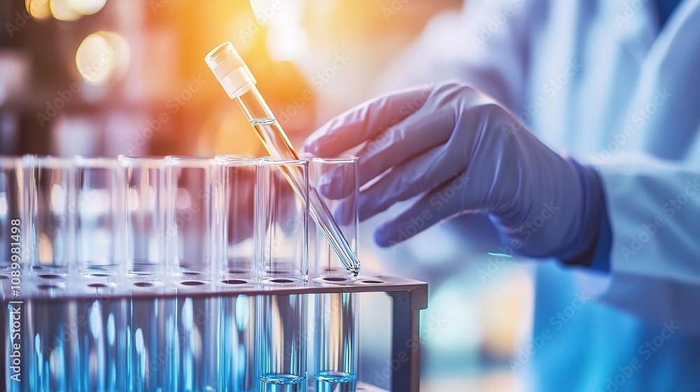 Aufkleber laboratory scene with scientist conducting research using test tubes and pipette in modern laborator