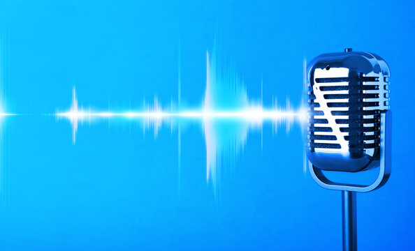 Sound wave and microphone on blue gradient background