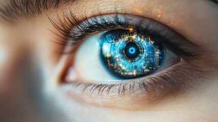 Fototapeta premium Close-up of a woman's eye with a digital circuit board reflection.