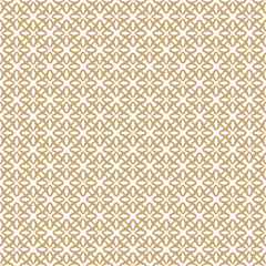 Vector golden geometric seamless pattern. Luxury abstract ornamental texture with flower silhouettes, crosses, lattice, grid, repeat tiles. Simple gold and white geo background. Repeating design