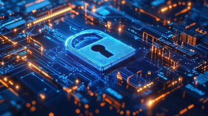 Obraz premium A glowing blue padlock rests on a futuristic looking circuit board with glowing orange lines.