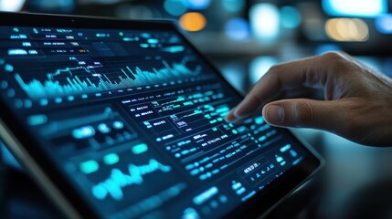 Close-up View of a Human Hand Interacting with a High-Tech Digital Interface Displaying Financial Data, Charts, and Analytics on a Tablet in a Modern Workplace