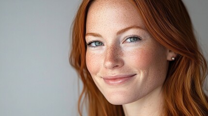 Obraz premium Captivating Portrait of a Smiling Woman with Freckles and Flowing Red Hair, Radiating Confidence and Natural Beauty in a Softly Lit Background