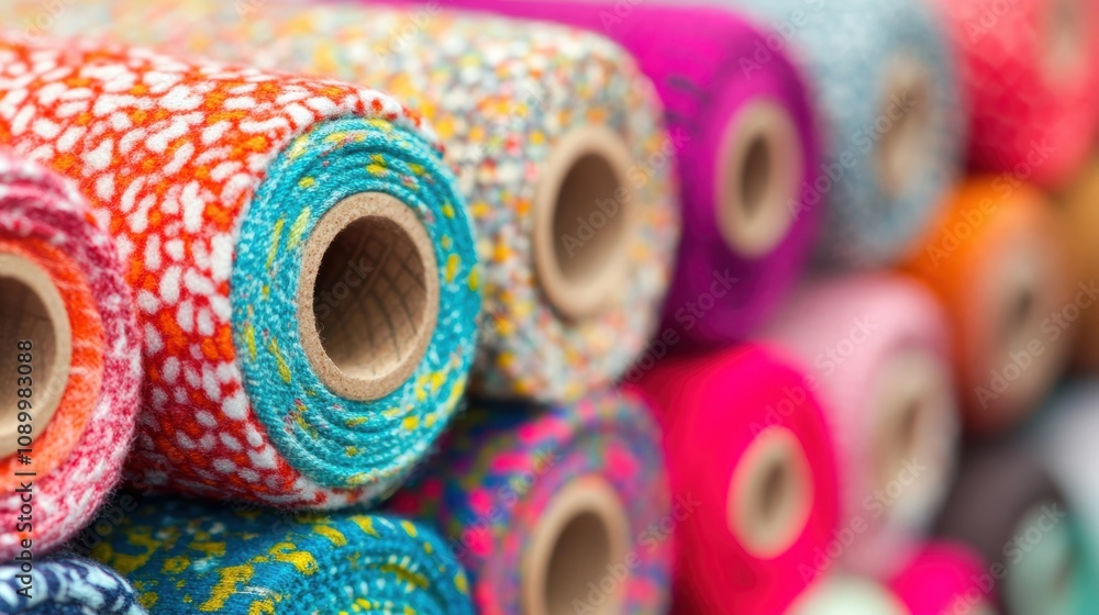 Poster a vibrant collection of fabric rolls is presented in a crafting store, revealing an array of colors 