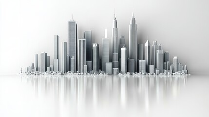 Obraz premium Minimalist City Skyline with Modern Skyscrapers and Reflective Surface in Monochrome Colors Ideal for Urban Themes and Architectural Designs
