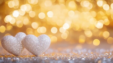 Fototapeta premium Sparkling white hearts are placed closely together, shining brightly against a soft, golden backdrop, enhancing a warm romantic vibe