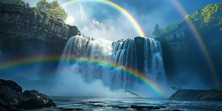 Ethereal moonbow arching over a cascading waterfall, blending moonlight with mist in a serene natural setting, 4K Video