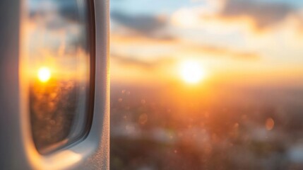 Fototapeta premium A breathtaking sunset view captured from an airplane window, with golden hues reflecting on the clouds and evoking a sense of travel.