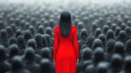 Fototapeta premium A woman in a form-fitting black dress stands with her back to a bold red wall, creating a powerful and minimalist visual impact.
