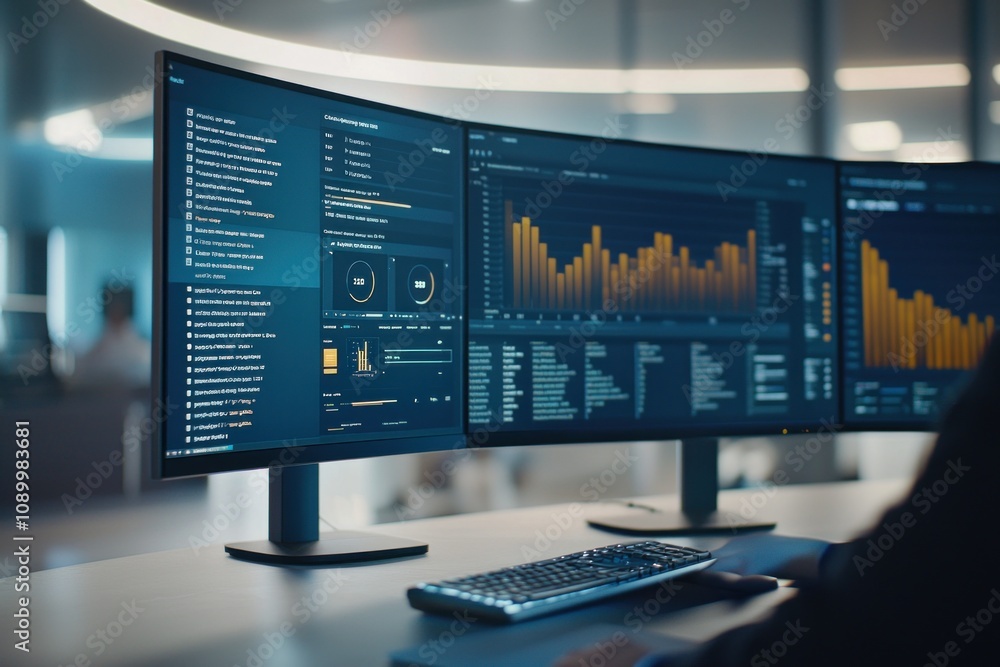 Poster data analysis techniques office environment digital display modern workspace professional perspectiv
