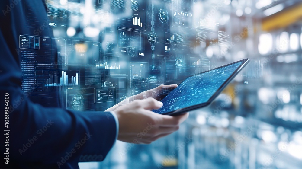 Aufkleber business professional using digital tablet in modern office with data visualization interface, incor