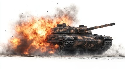 Realistic 3D render of a panzer exploding in flames and smoke