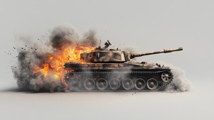 Realistic 3D render of a panzer exploding in flames and smoke