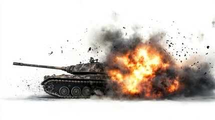 Realistic 3D render of a panzer exploding in flames and smoke