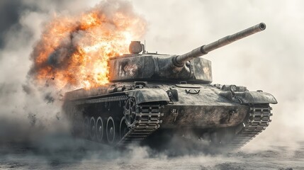 Realistic 3D render of a panzer exploding in flames and smoke