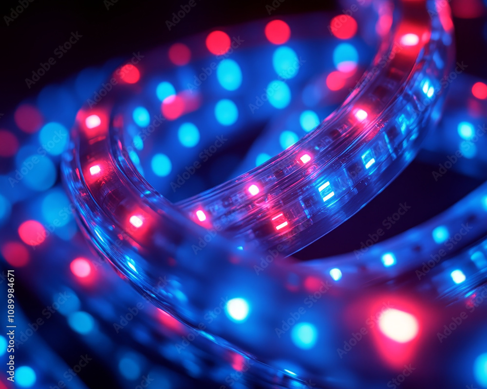 Poster vibrant blue and red illuminated cables create dynamic visual effect, showcasing blend of colors tha