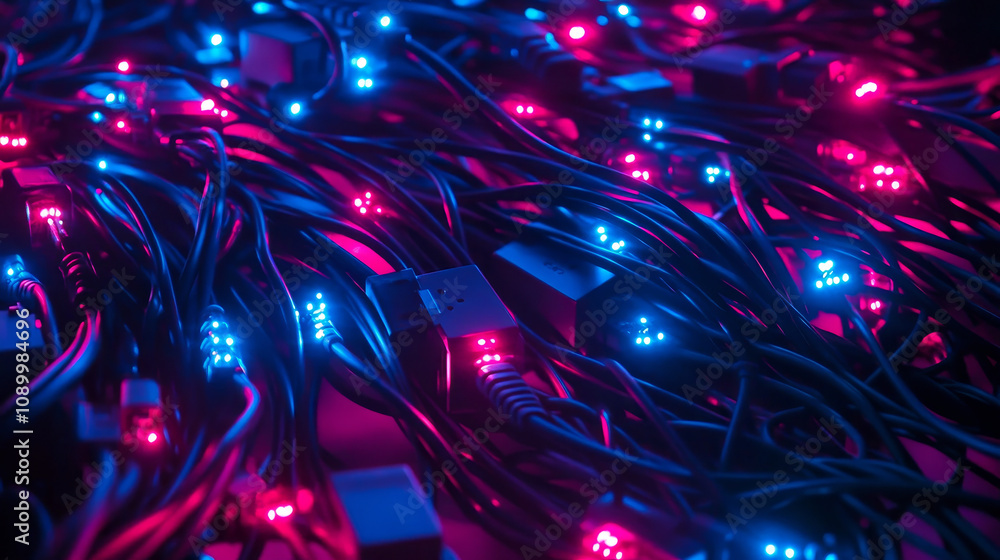 Poster vibrant cables illuminated in blue and red create dynamic visual effect, showcasing technology and c