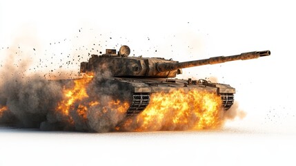 Realistic 3D render of a panzer exploding in flames and smoke