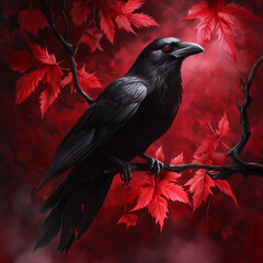 Fototapeta premium Sinister Crow in Halloween Setting with Crimson Leaves