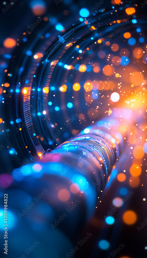 Poster high tech data center with glowing cables and vibrant light patterns, creating futuristic atmosphere