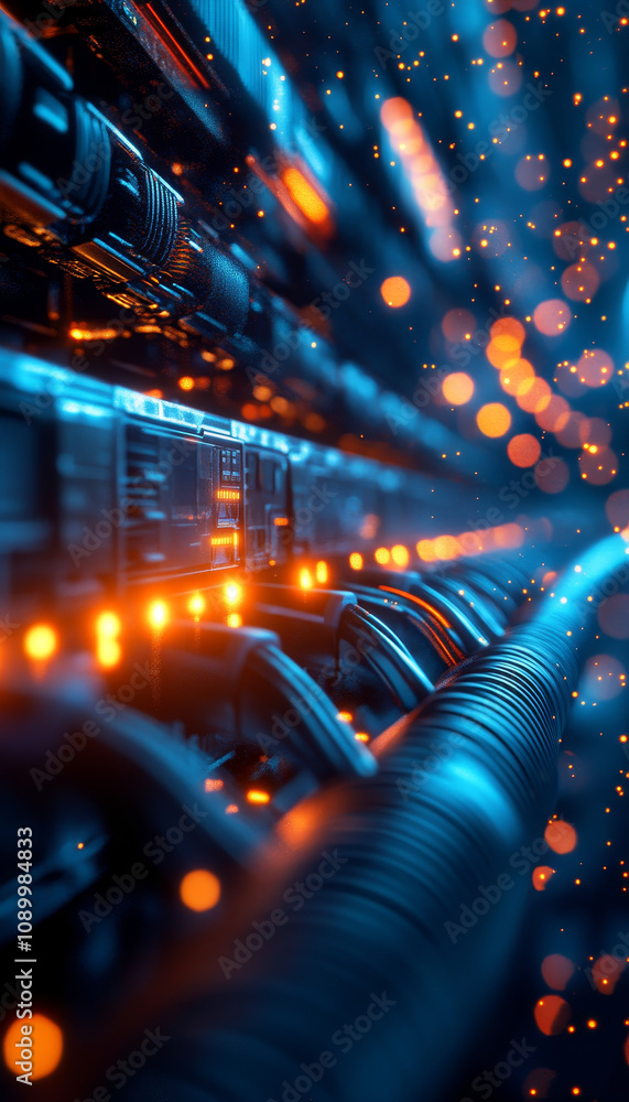 Poster high tech data center with glowing cables and vibrant lights creating dynamic atmosphere. intricate 
