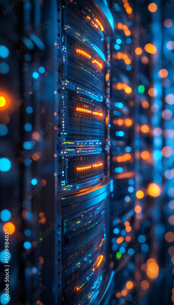 Poster high tech data center featuring network of glowing cables and servers, showcasing vibrant blue and o