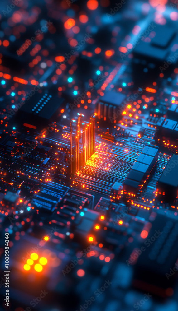 Poster high tech circuit board with glowing components and intricate patterns, showcasing vibrant colors an
