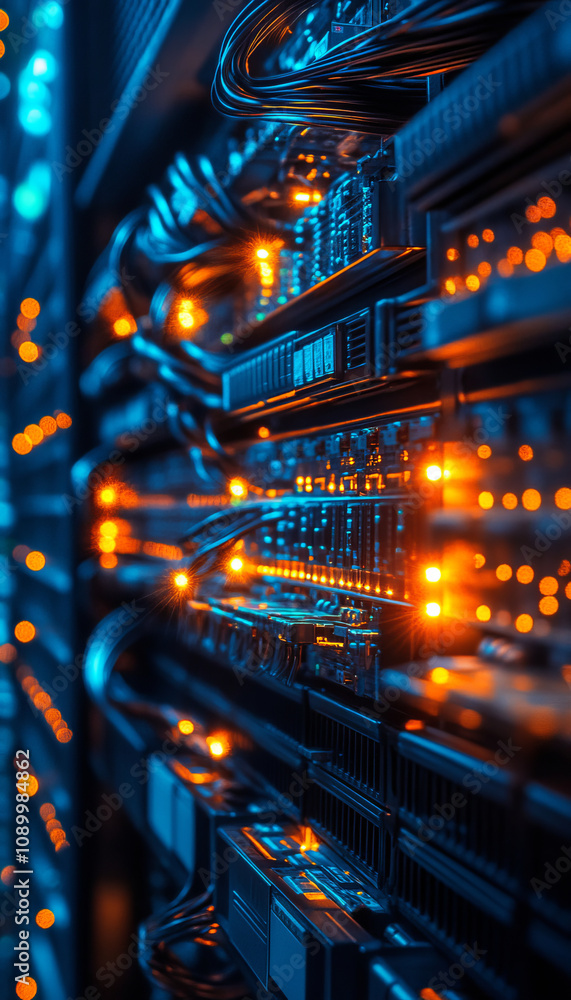 Poster high tech data center with glowing cables and illuminated servers, showcasing advanced technology an