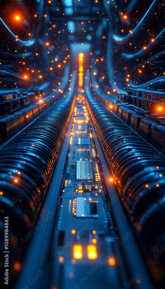 Poster high tech data center with glowing cables and intricate circuitry, showcasing futuristic network of 