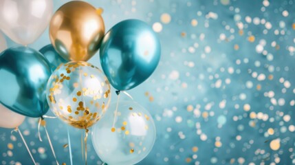 Bright blue and gold balloons featuring sparkling confetti create a joyful atmosphere for a special event or party