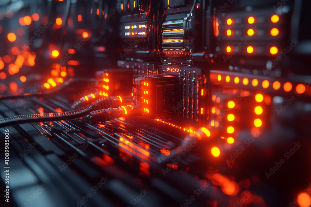 Poster high tech data center with glowing cables and illuminated circuits, showcasing advanced technology a
