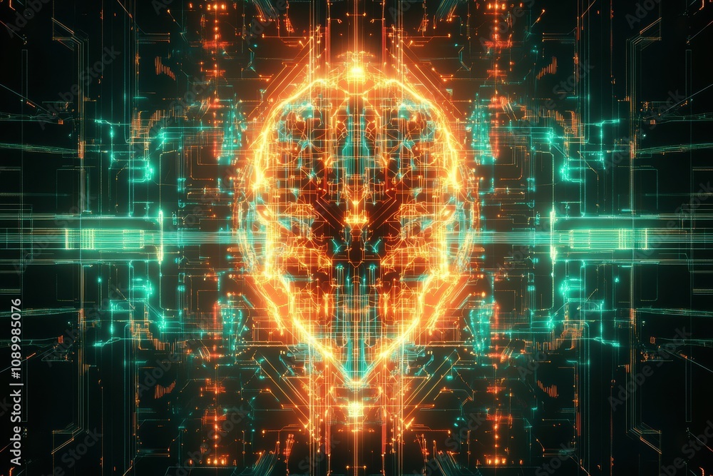 Poster This abstract shows a digital brain with bright lines and glowing patterns, merging tech and creativity in a cybernetic realm. Generative AI