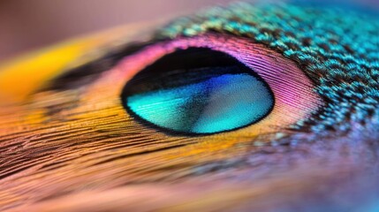 Fototapeta premium A striking close-up of a peacock feather reveals its vibrant hues and detailed patterns that captivate the eye, reflecting natural beauty