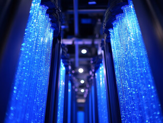High tech data center with illuminated blue cables creating futuristic atmosphere. vibrant blue lights enhance modern technology feel, showcasing advanced infrastructure