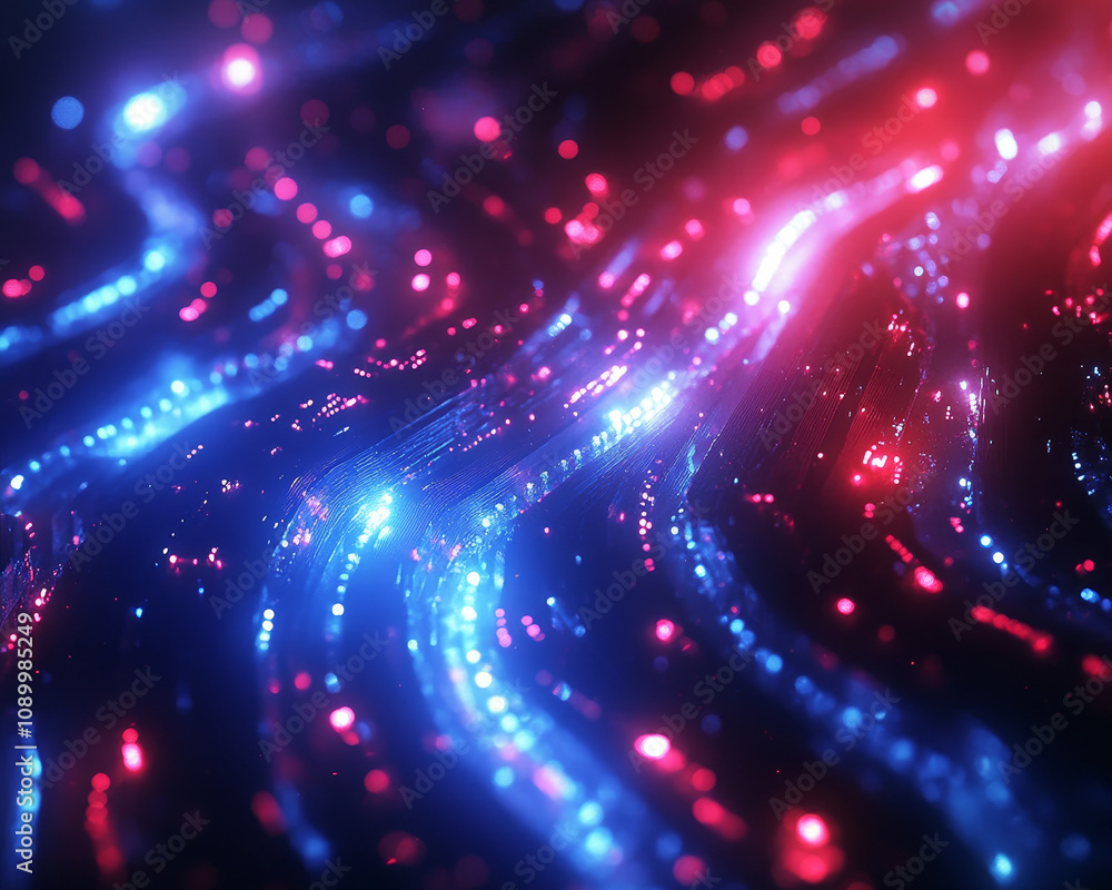 Poster abstract representation of high speed communication with vibrant cables illuminated in blue and red 