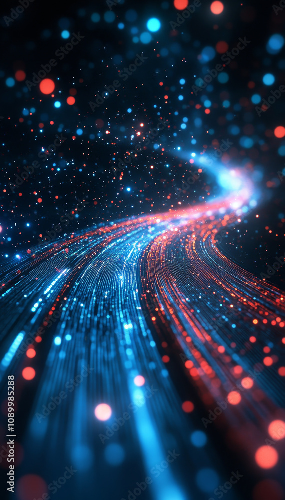 Poster high speed communication visualized through vibrant network of glowing particles, showcasing dynamic