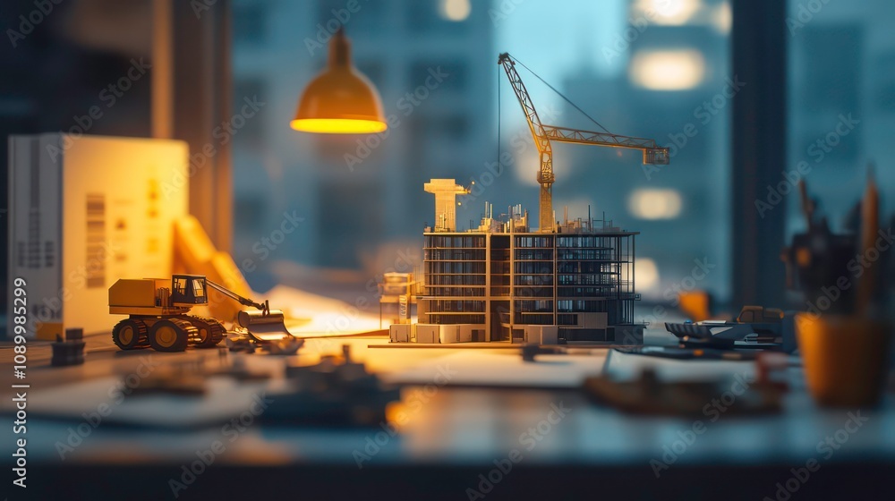 Poster a model of a building under construction with a crane, a bulldozer and a lamp on a desk illuminated 