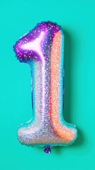 Obraz premium Number one balloon with glitter and rainbow hues, displayed on a teal background, celebrating a first milestone or birthday.